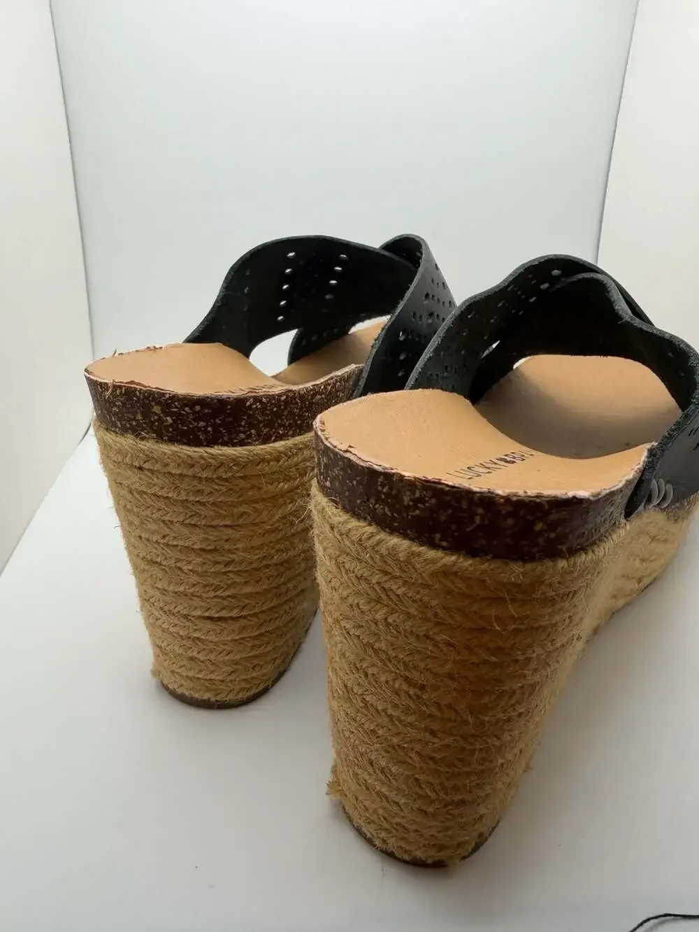 Lucky Brand Neeka Black Cutout Leather Espadrille Wedge Sandals